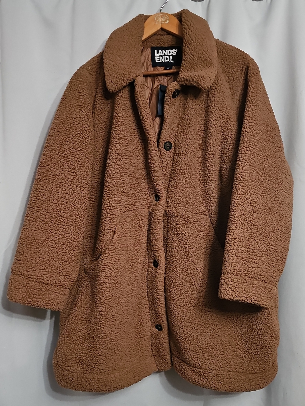 Lands' End Cozy Sherpa Teddy Bear Coat Plus Caramel Brown Size 2X 20W-22W New - Picture 3 of 11